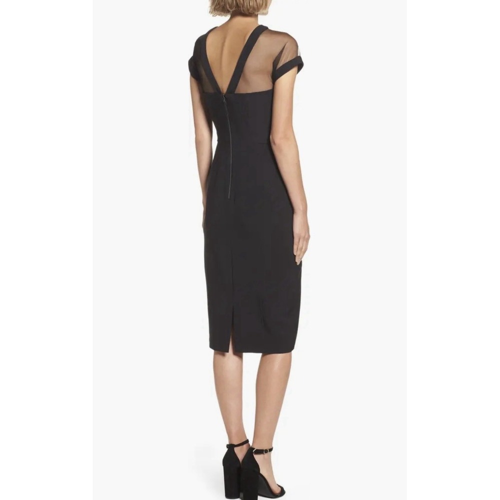 MAGGY LONDON Mesh Illusion Sheath Dress 6 Navy Classic Elegant Cocktail - Picture 2 of 9